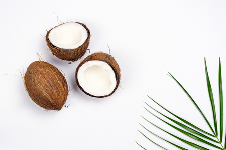 Coconut halves and leaves on white backgroundの写真素材
