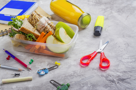 Lunch box and school suppliesの写真素材