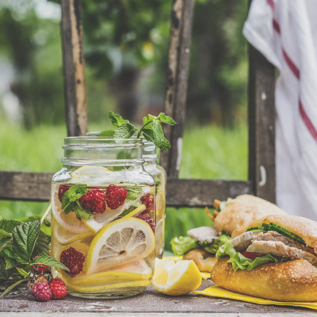 Lemonade and turkey sandwichesの写真素材