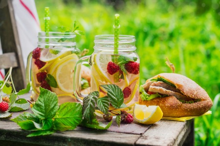 Lemonade and turkey sandwichesの写真素材