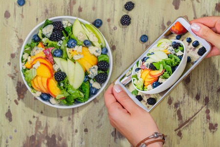 Summer peach blueberry saladの写真素材