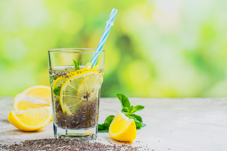 Chia fresca drink with lemon and mintの写真素材