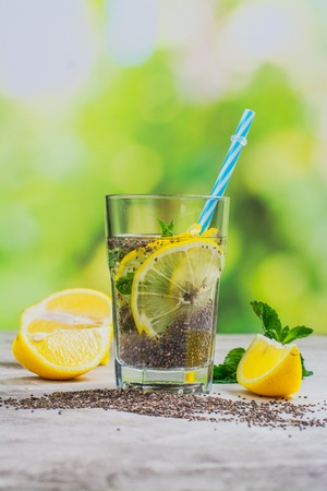 Chia fresca drink with lemon and mintの写真素材