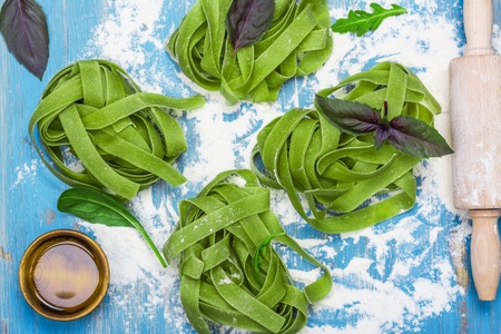 Raw spinach pastaの写真素材