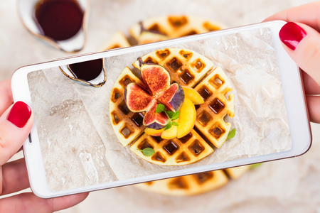 Mobile shot belgian wafflesの写真素材
