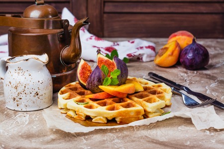 Homemade vanilla belgian wafflesの写真素材