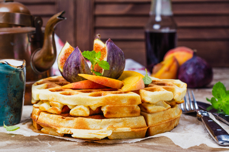 Homemade vanilla belgian wafflesの写真素材