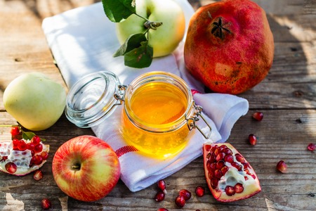 Apples, honey and pomegranateの写真素材