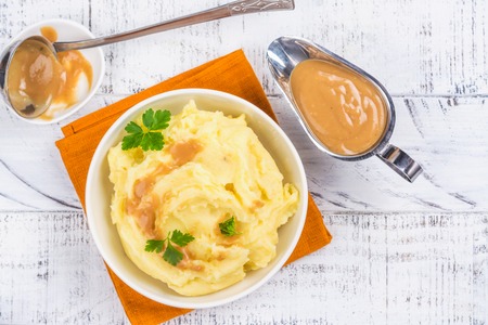 Mashed potatoes with gravy sauceの写真素材