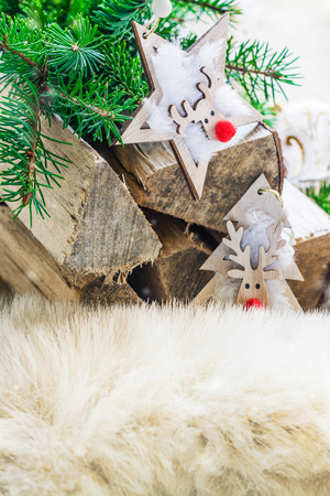 Logs on fur backgroundの写真素材