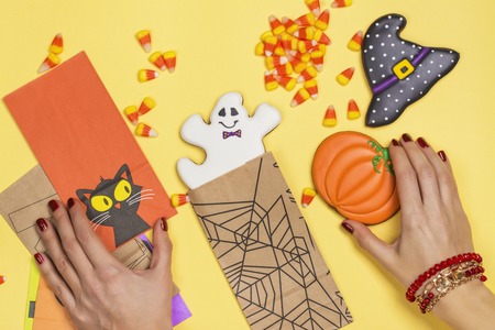 Halloween candy corns and cookiesの写真素材