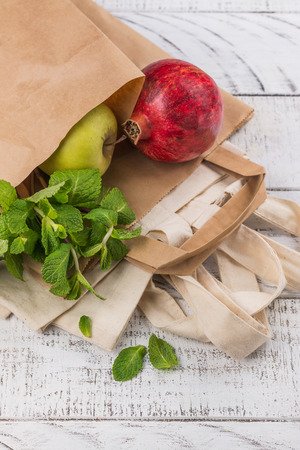 Natural reusable linen and paper bagの写真素材