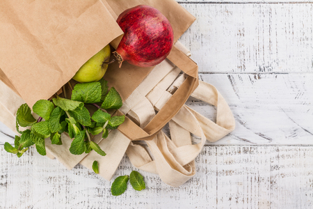 Natural reusable linen and paper bagの写真素材