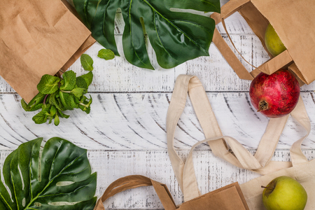 Natural reusable linen and paper bagの写真素材