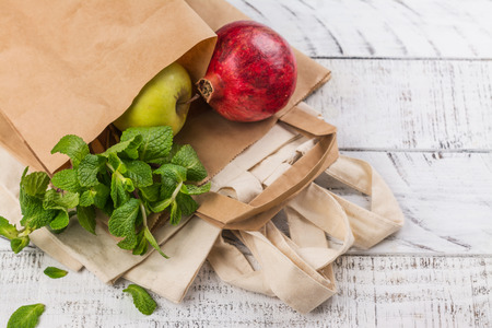 Natural reusable linen and paper bagの写真素材