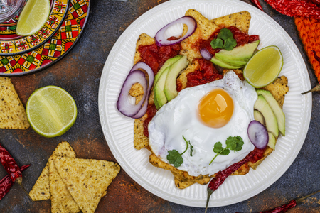 Mexican breakfast - chilaquiles dishの写真素材