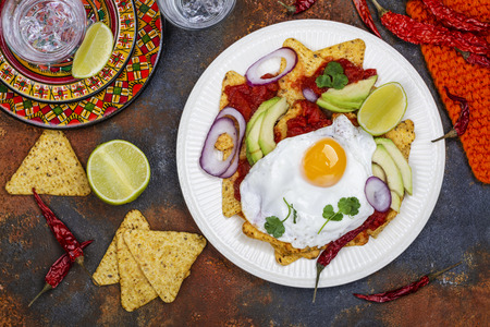 Mexican breakfast - chilaquiles dishの写真素材