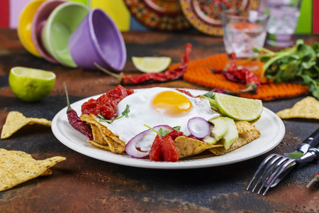 Mexican breakfast - chilaquiles dishの写真素材