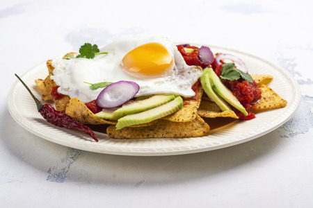 Mexican breakfast - chilaquiles dishの写真素材