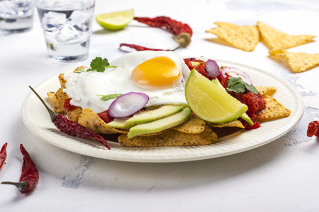 Mexican breakfast - chilaquiles dishの写真素材