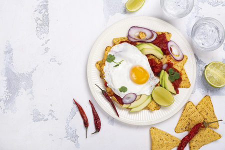 Mexican breakfast - chilaquiles dishの写真素材