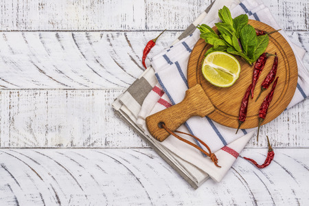 Kitchen towels and wooden boardsの写真素材