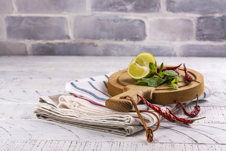 Kitchen towels and wooden boardsの写真素材