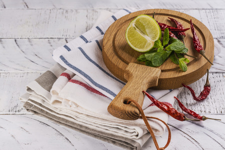 Kitchen towels and wooden boardsの写真素材