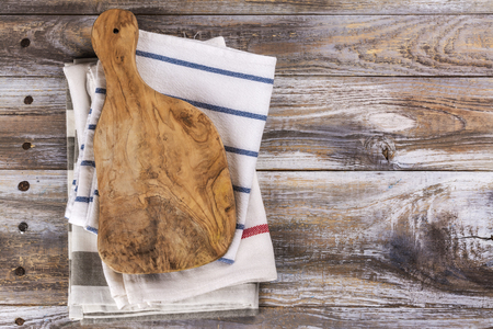 Kitchen towels and wooden boardsの写真素材