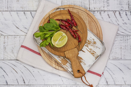 Kitchen towels and wooden boardsの写真素材