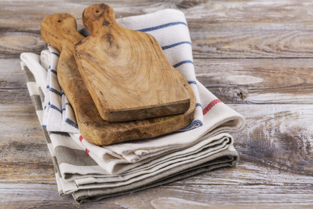 Kitchen towels and wooden boardsの写真素材
