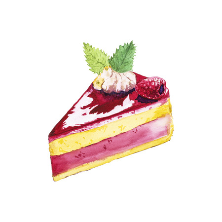 Piece of raspberry cake with cream, mint and raspberry isolated on white. Hand drawn watercolor raspberry cakeの写真素材