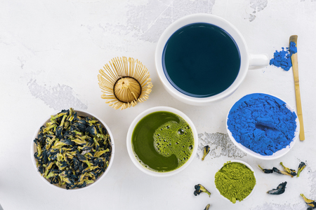 Pea butterflly, green matcha teaの写真素材