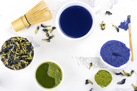 Pea butterflly, green matcha teaの写真素材