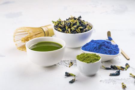 Pea butterflly, green matcha teaの写真素材