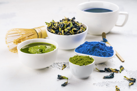 Pea butterflly, green matcha teaの写真素材