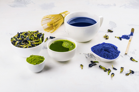 Pea butterflly, green matcha teaの写真素材