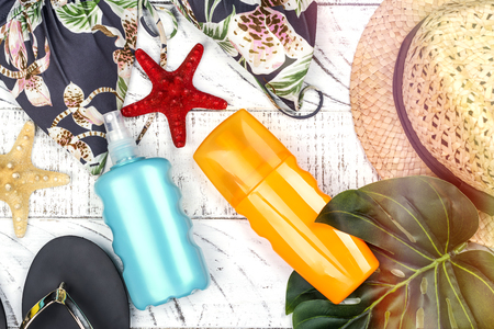 Bottle of sunscreen lotion and sprayの写真素材