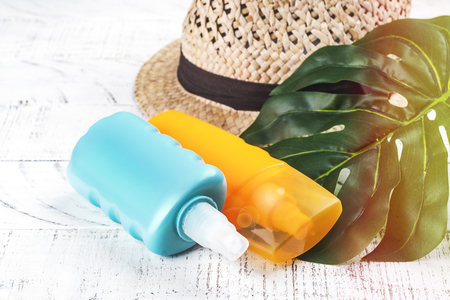 Bottle of sunscreen lotion and sprayの写真素材