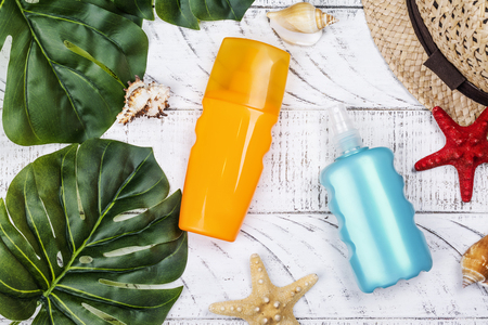 Bottle of sunscreen lotion and sprayの写真素材