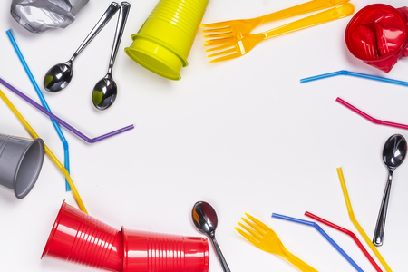Plastic tableware on whiteの写真素材