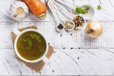 Bone broth soup made from beefの写真素材