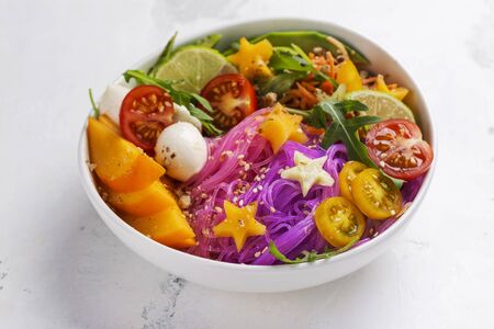Rainbow noodle, unicorn pasta bowlの写真素材
