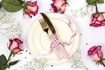 Festive table setting for Valentines day. Top viewの写真素材