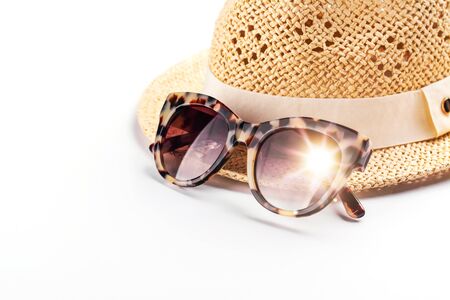 Sun protection accessories on whiteの写真素材