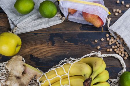 Fresh bio fruits in eco friendly bagの写真素材
