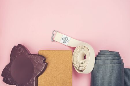 Yoga set accessories on pink backgroundの写真素材