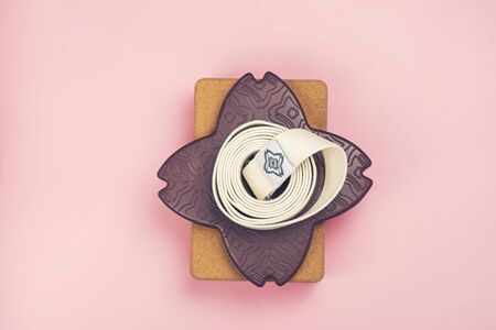 Yoga set accessories on pink backgroundの写真素材