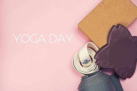 Yoga set accessories on pink backgroundの写真素材