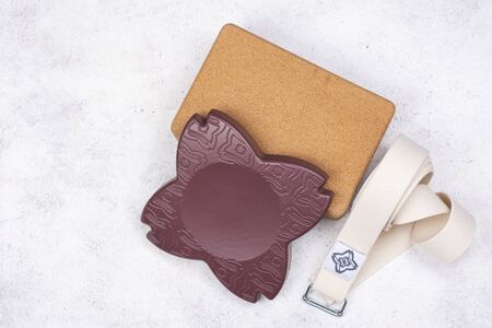 Yoga set accessories on pink backgroundの写真素材